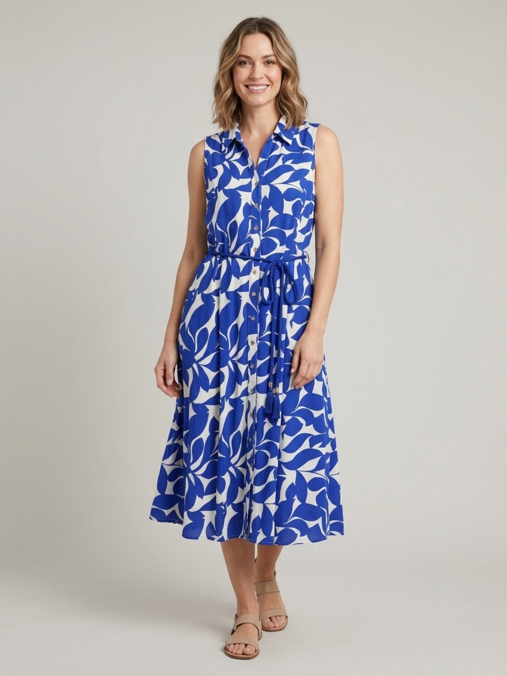 Melanie Lyne Blue & White Sleeveless Printed Midi Shirt Dress